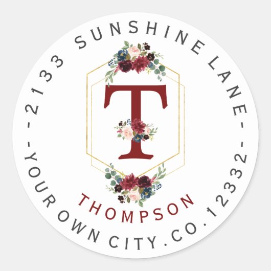 Boho Floral Gold Monogram Circular Address Label (Voorkant)