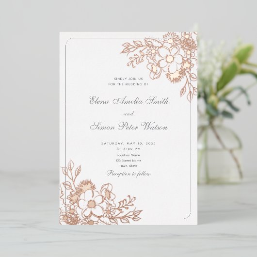 Boho Floral Gold Wedding Folie Uitnodiging (Staand Voorkant)