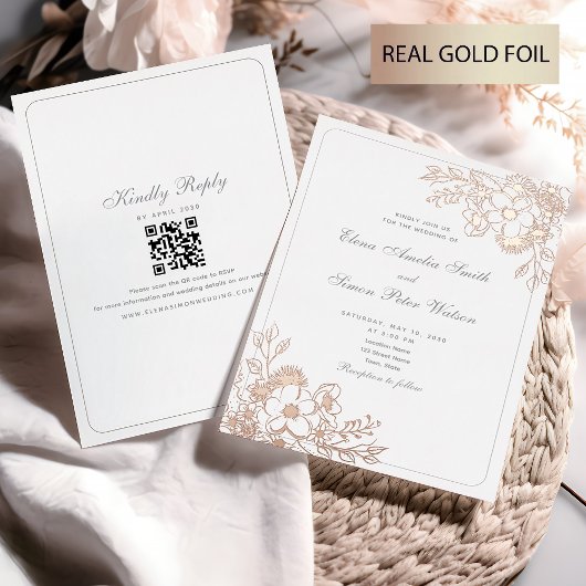 Boho Floral Gold Wedding Folie Uitnodiging