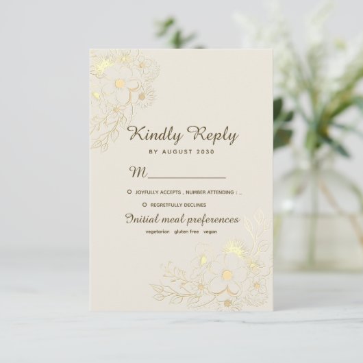 Boho Floral Gold Wedding RSVP Kaartje (Staand voorkant)