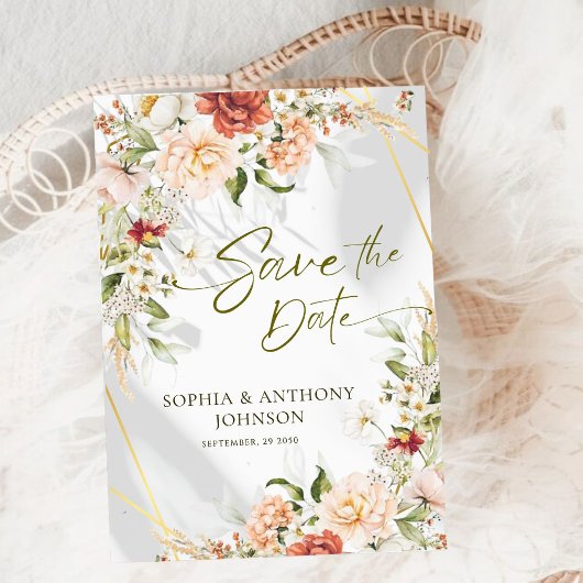 Boho Floral Goud Geometrische Bladerbruiloft Save The Date