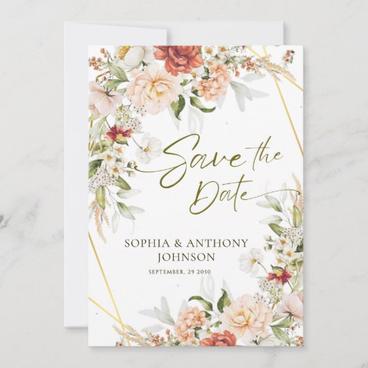 Boho Floral Goud Geometrische Bladerbruiloft Save The Date (Voorkant)