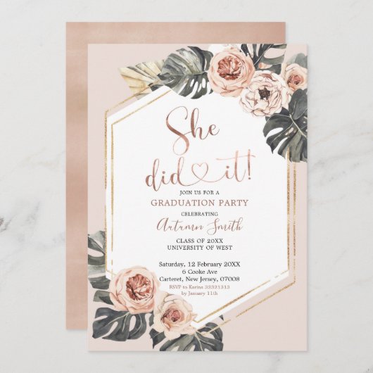 Boho Floral Graduation Party Invitation Kaart (Voorkant / Achterkant)
