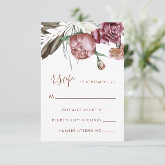 Boho Floral Green Modern Script Wedding RSVP Kaartje (Staand voorkant)