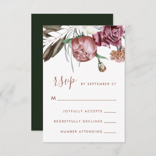 Boho Floral Green Modern Script Wedding RSVP Kaartje (Voorkant / Achterkant)