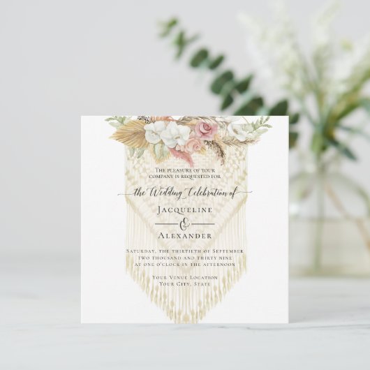 BOHO Floral Greenery Pampas Grass Blush Wedding Kaart (Staand voorkant)