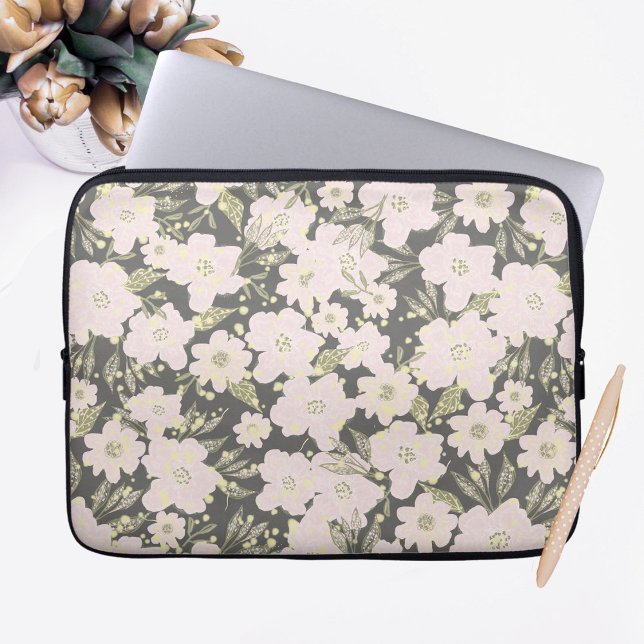 Boho Floral Grey Butter Yellow Pink Design Laptop Sleeve (Creator heeft geüpload)