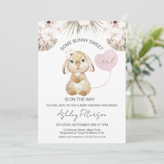 Boho Floral Heart Balloon Bunny Baby shower Kaart (Staand voorkant)
