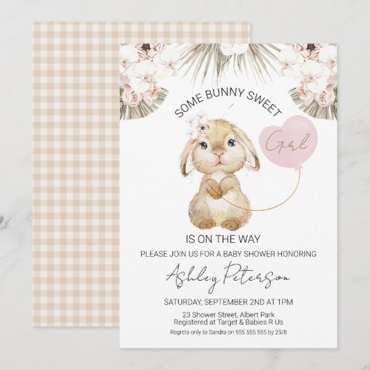 Boho Floral Heart Balloon Bunny Baby shower Kaart (Voorkant / Achterkant)