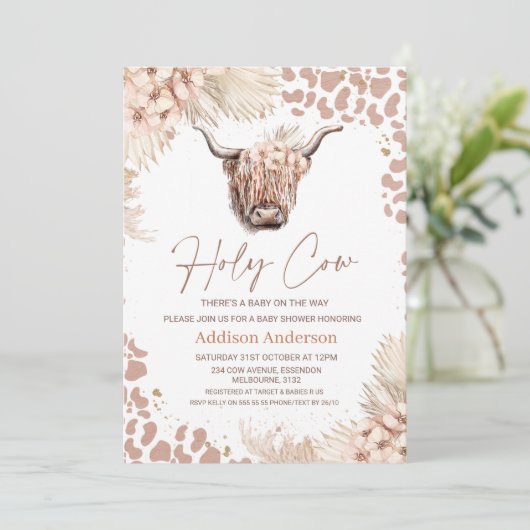 Boho Floral Heilige Koe Hoogland Koe Baby shower Kaart (Staand voorkant)