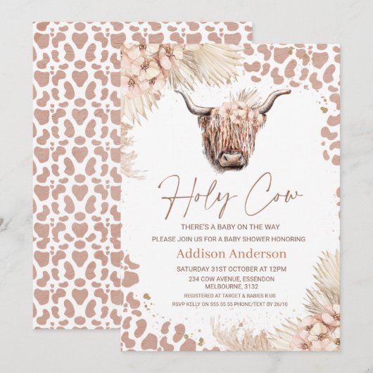 Boho Floral Heilige Koe Hoogland Koe Baby shower Kaart (Voorkant / Achterkant)