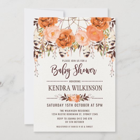 Boho Floral Herfst Baby shower Uitnodiging Rustiek (Voorkant)