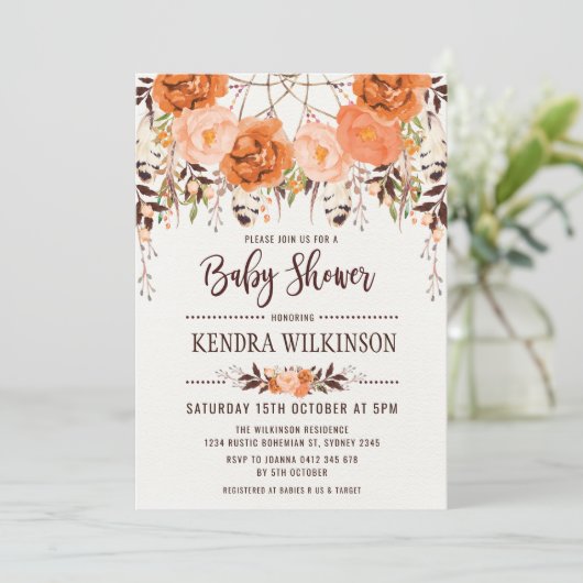 Boho Floral Herfst Baby shower Uitnodiging Rustiek (Staand voorkant)