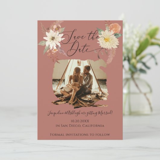 BOHO Floral Herfst Foliage Waterverf Earthy Foto Save The Date (Staand voorkant)