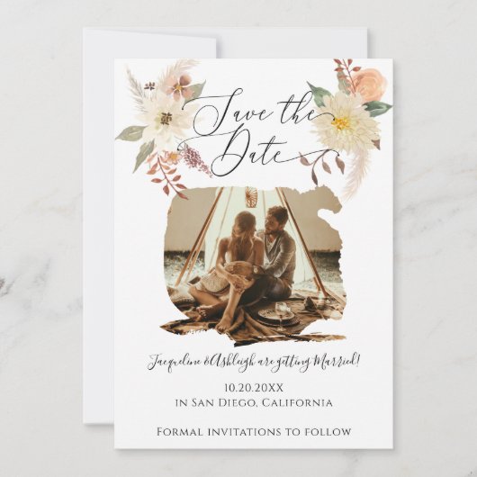 BOHO Floral Herfst Foliage Waterverf White Foto Save The Date (Voorkant)