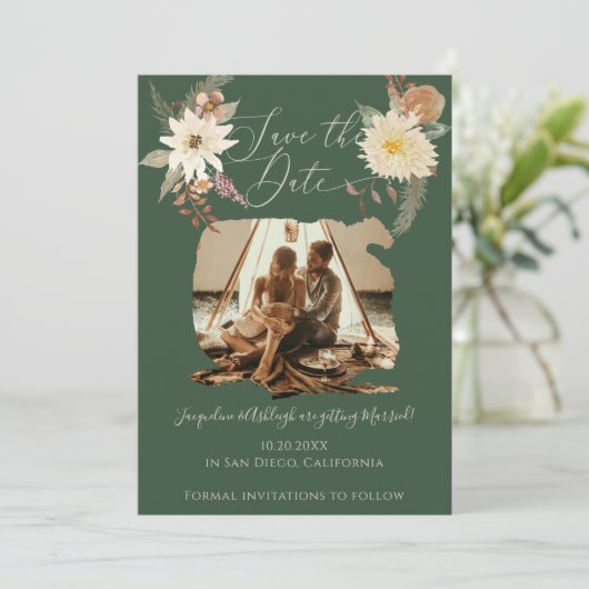 BOHO Floral Herfst Waterverf Forest Green Save The Date (Staand voorkant)