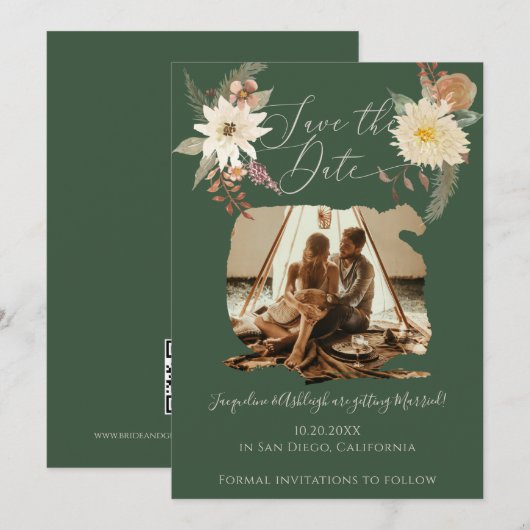 BOHO Floral Herfst Waterverf Forest Green Save The Date (Voorkant / Achterkant)