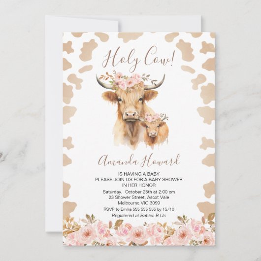 Boho Floral Highland Heilige Koe Baby shower Kaart (Voorkant)