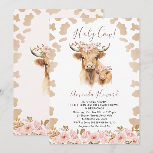 Boho Floral Highland Heilige Koe Baby shower Kaart (Voorkant / Achterkant)