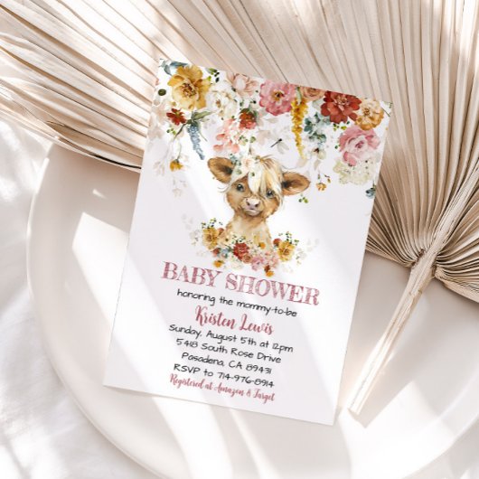 Boho Floral Highland Koe Baby shower Invite Kaart