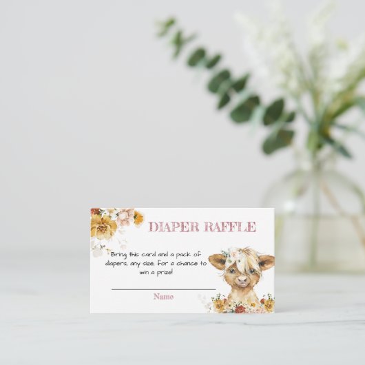Boho Floral Highland Koe Baby shower Luier Raffle Informatiekaartje (Staand voorkant)