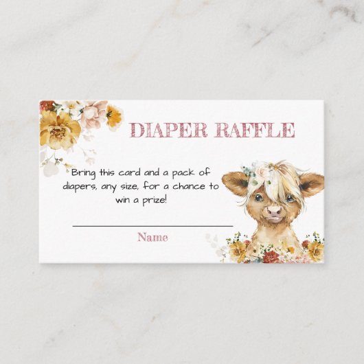Boho Floral Highland Koe Baby shower Luier Raffle Informatiekaartje (Voorkant)