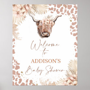 Boho Floral Highland Koe Baby shower Welkom Poster