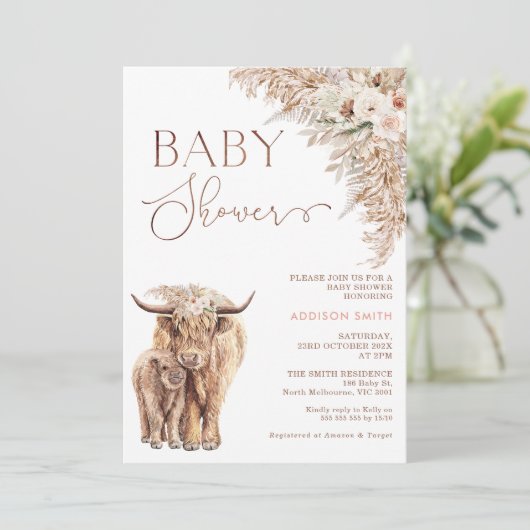 Boho Floral Highland Koe Calf Baby shower Kaart (Staand voorkant)