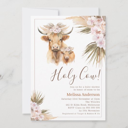 Boho Floral Highland Koe Calf Baby shower Kaart (Voorkant)