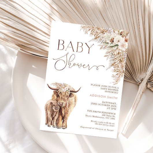 Boho Floral Highland Koe Calf Baby shower Kaart