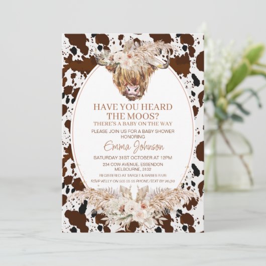 Boho Floral Highland Koe Koeienhuid Baby shower Kaart (Staand voorkant)