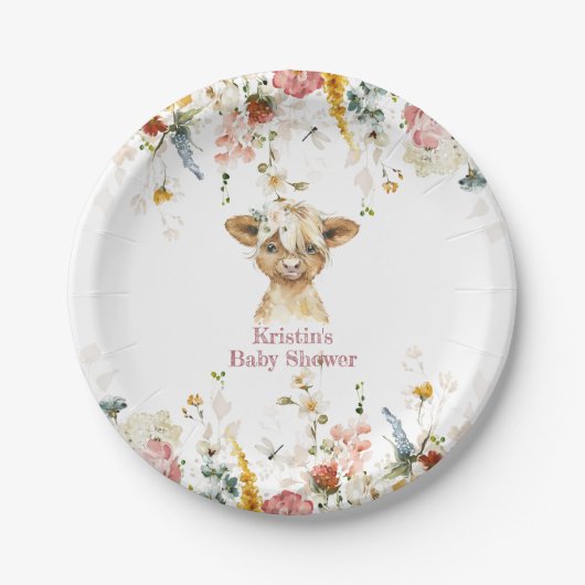 Boho Floral Highland Koe Papieren Bordje (Voorkant)