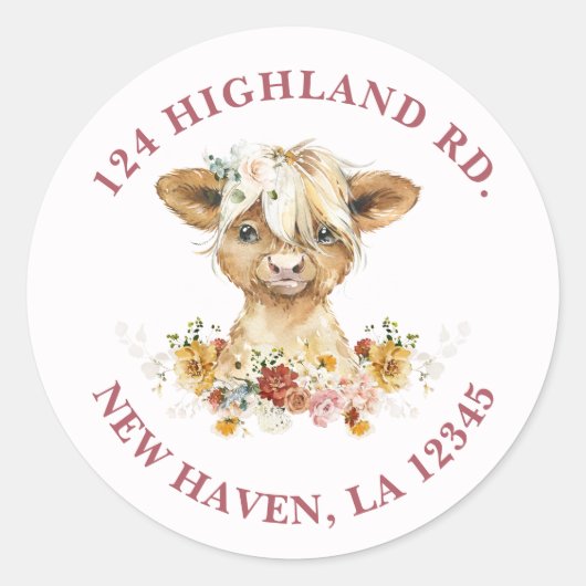 Boho Floral Highland Koe retouradres Ronde Sticker (Voorkant)