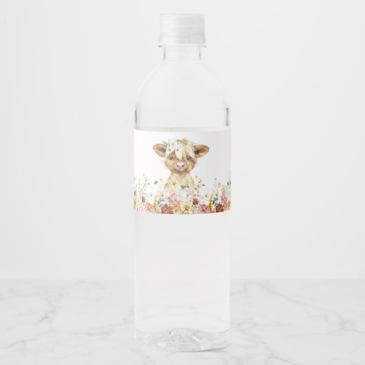 Boho Floral Highland Koe Waterfles Etiket (Voorkant)