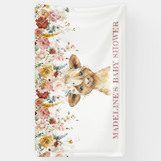 Boho Floral Highland Koe Welkom Spandoek (Verticaal)