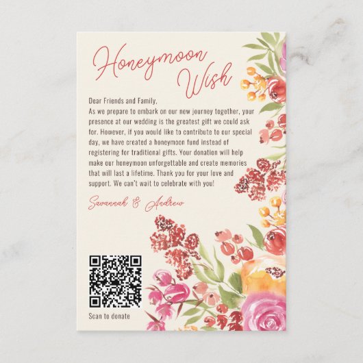 Boho Floral Honeymoon Fund QR Code Vrijgezellenfee Informatiekaartje (Voorkant)