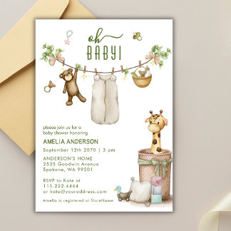 Boho Floral Jungle Clothline Animals Baby Shower  Kaart