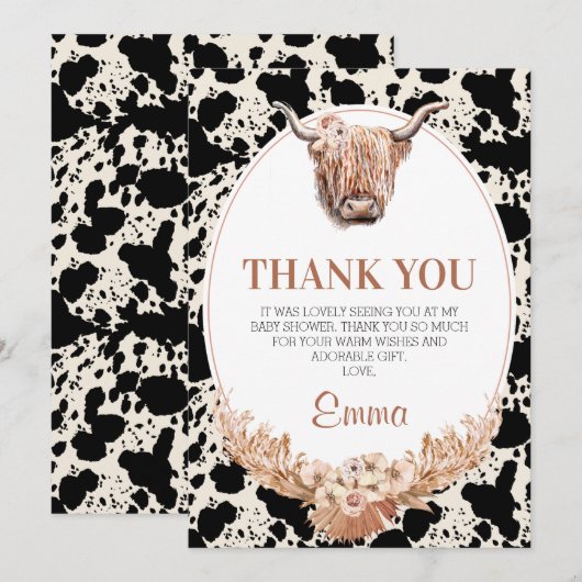 Boho Floral Koe Baby shower Hartelijk dank Kaart (Voorkant / Achterkant)
