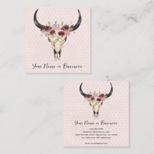 Boho Floral Koe Roze Hartenachtergrond Vierkante Visitekaartje (Voorkant / Achterkant)