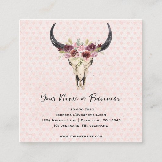 Boho Floral Koe Roze Hartenachtergrond Vierkante Visitekaartje (Achterkant)