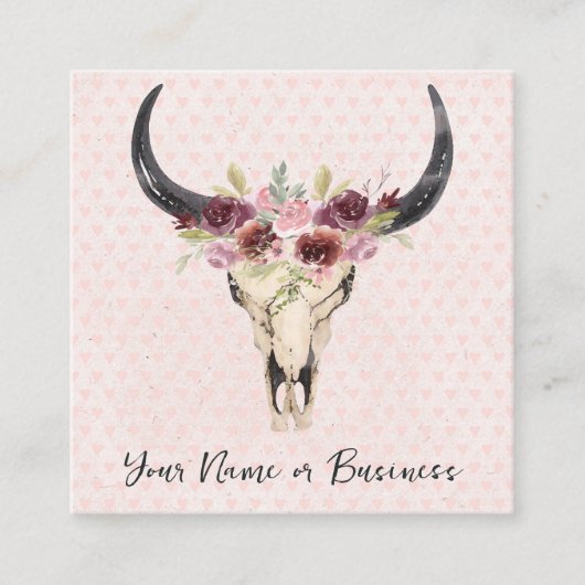 Boho Floral Koe Roze Hartenachtergrond Vierkante Visitekaartje (Voorkant)