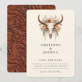 Boho Floral Koe Schedel Western Save the Date Kaart (Voorkant / Achterkant)