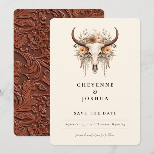 Boho Floral Koe Schedel Western Save the Date Kaart (Voorkant / Achterkant)
