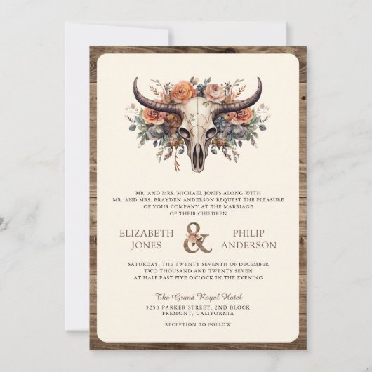Boho Floral Koe schedel Westerne bruiloft uitnodig Kaart (Voorkant)