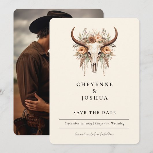 Boho Floral Koe Schedel Westerne foto Sla de datum Kaart (Voorkant / Achterkant)