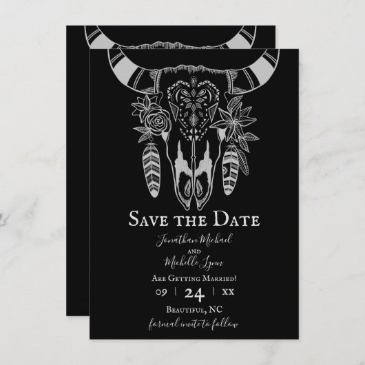 Boho Floral Koe Skull Black and White Wedding Save The Date (Voorkant / Achterkant)