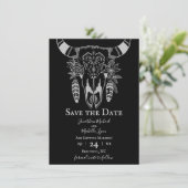 Boho Floral Koe Skull Black and White Wedding Save The Date (Staand voorkant)