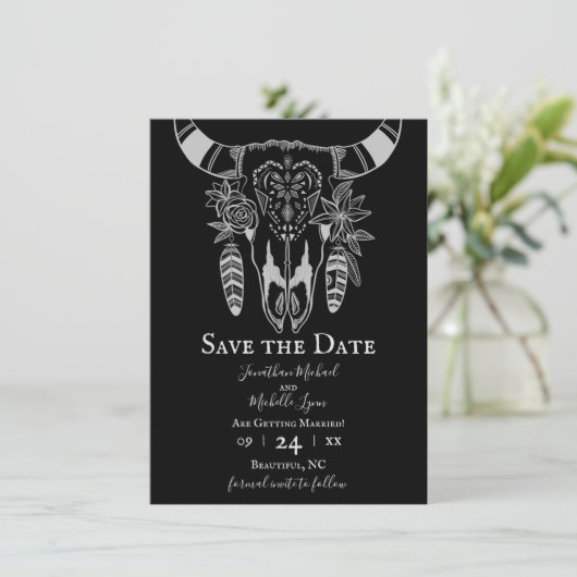 Boho Floral Koe Skull Black and White Wedding Save The Date (Staand voorkant)