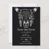 Boho Floral Koe Skull Black and White Wedding Save The Date (Voorkant)