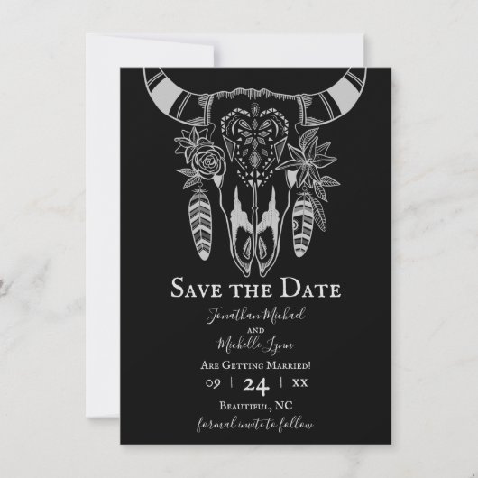 Boho Floral Koe Skull Black and White Wedding Save The Date (Voorkant)